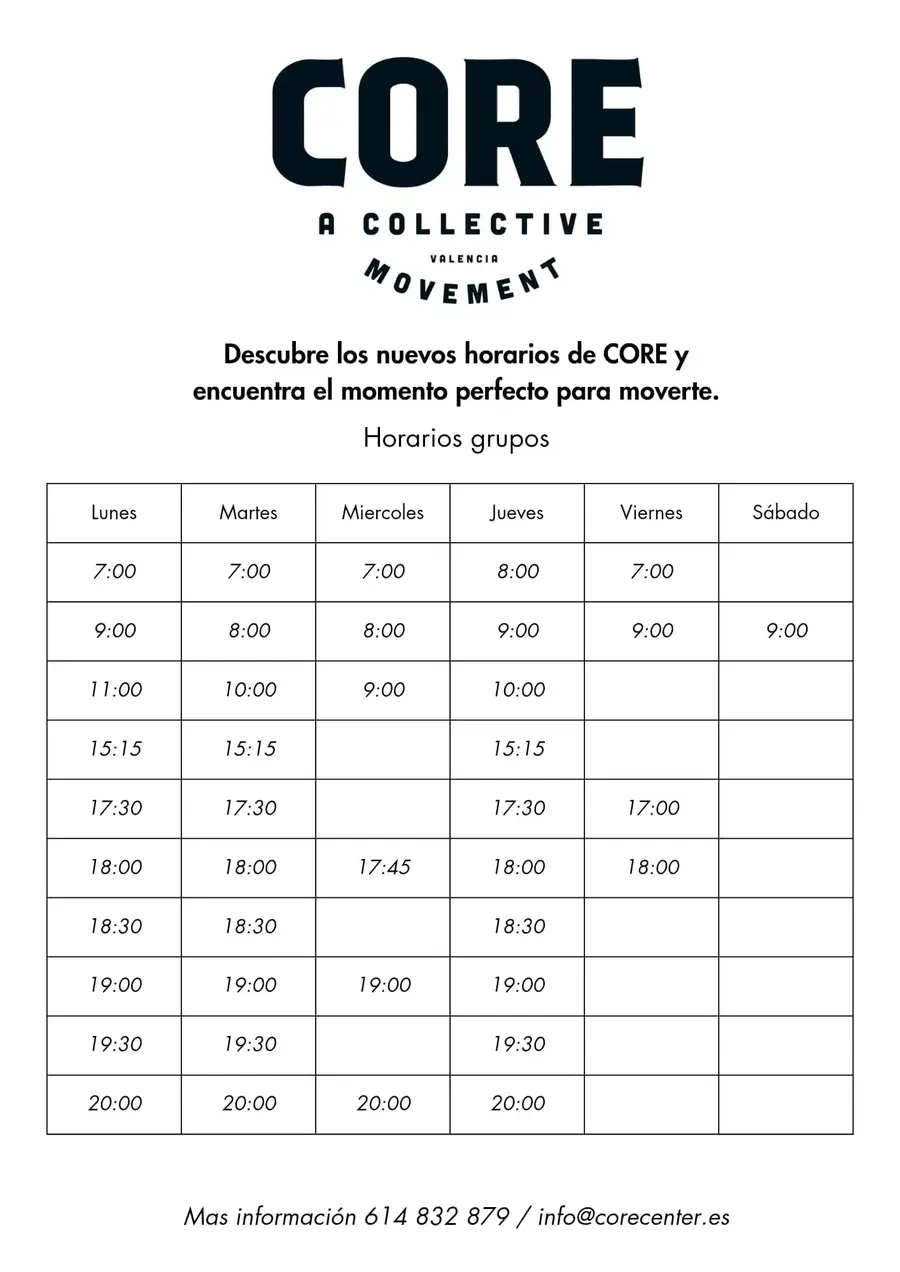Cartel con los horarios de grupo de CORE para el curso 2026-2027